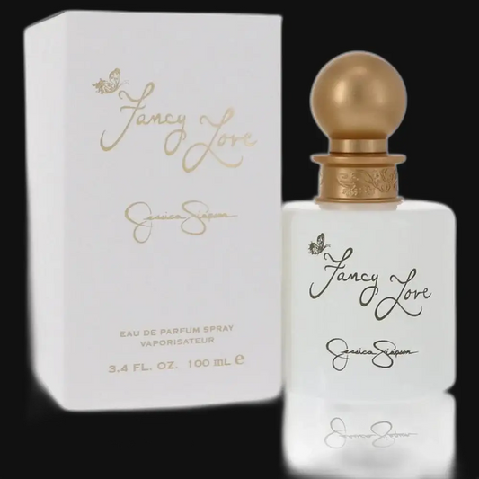 Women’s eau de parfum bottle with gold cap and white label, beside box.