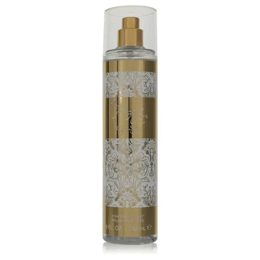 Fancy Love fragrance mist bottle by Jessica Simpson, clear glass, gold pump, patterned wrap