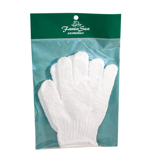 FantaSea exfoliating gloves in retail bag, white textured knit gloves