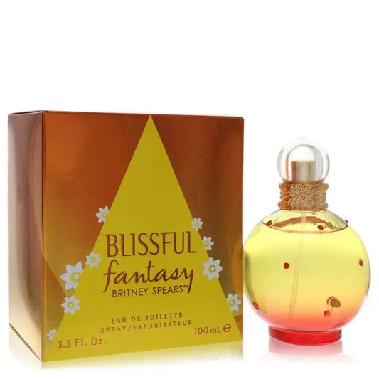 Women's eau de toilette perfume set with yellow globe bottle, cap, and Blissful Fantasy box