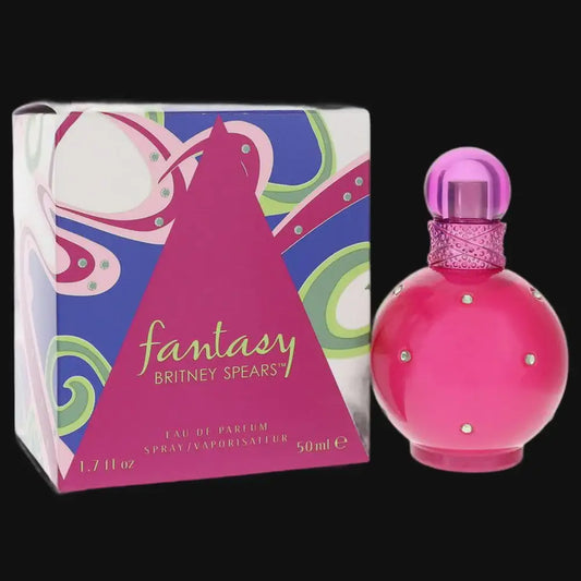 Fantasy Eau de Parfum set, pink rounded bottle with faceted cap and illustrated box