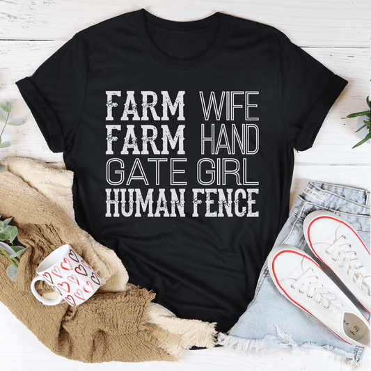 Black T-shirt with bold farm lettering graphic across the chest