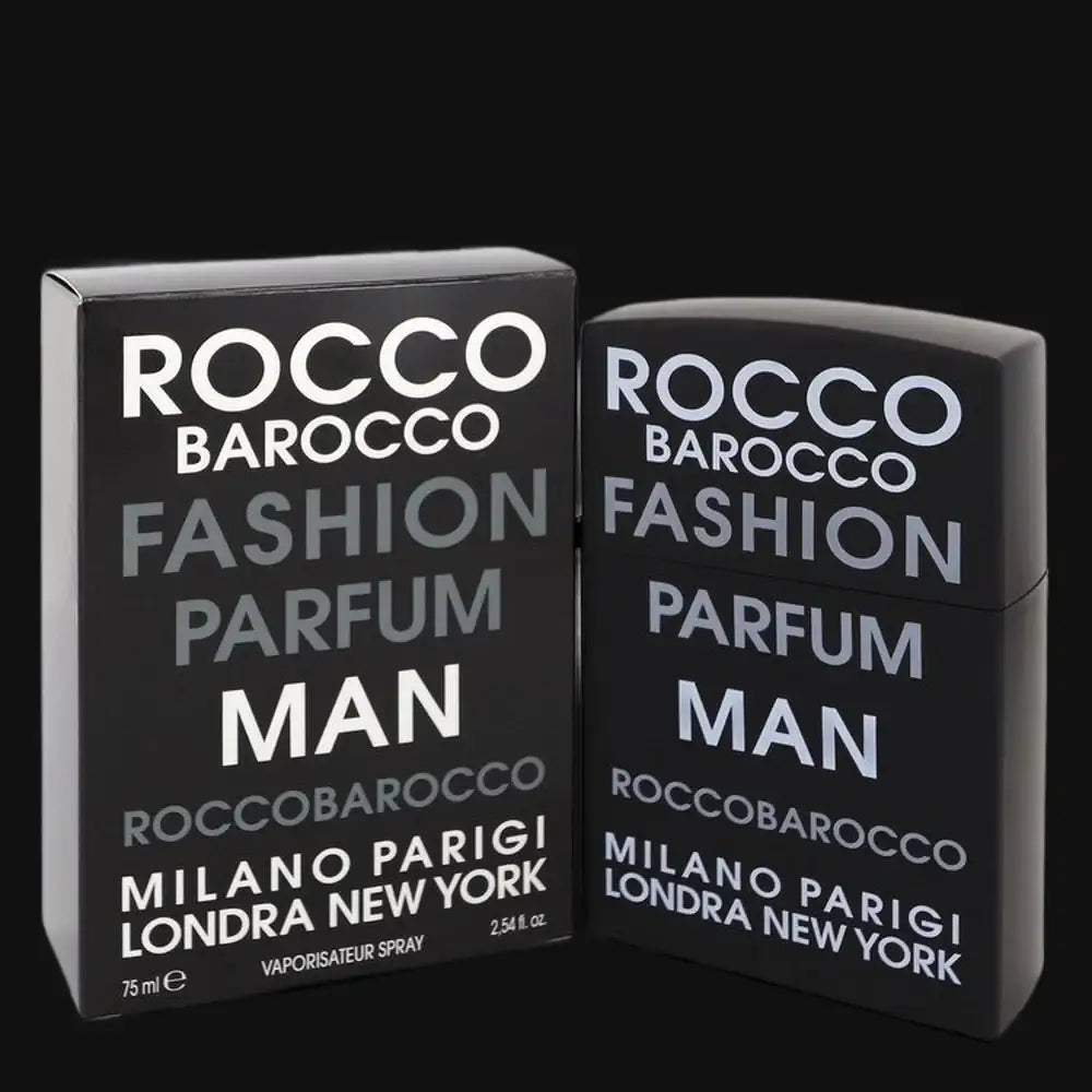 Men's cologne box and capped bottle, Roccobarocco Fashion Parfum Man label