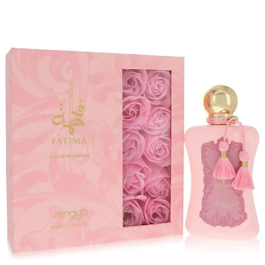 Women’s perfume gift set: pink bottle with gold cap and matching pink box
