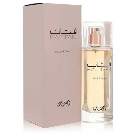 Fattan Pour Femme perfume: pink carton with clear glass spray bottle and gold sprayer