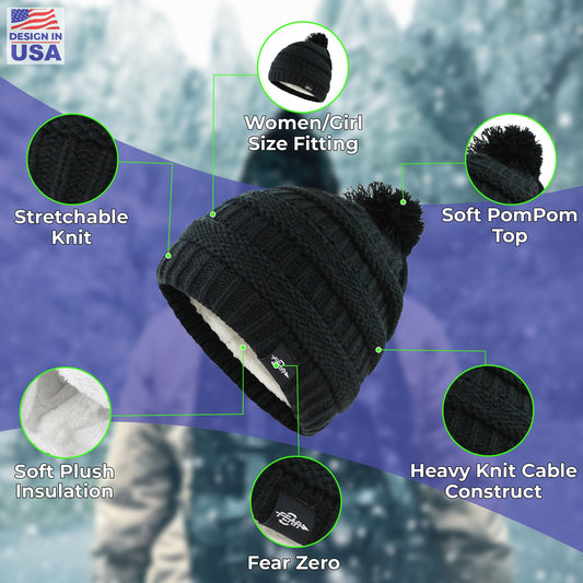 Black knit beanie with pom-pom top, plush insulation, and cable cuff