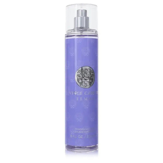 Women's cylindrical perfume bottle with silver spray cap and purple translucent liquid