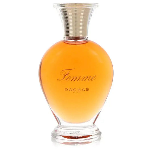 Amber perfume bottle with Femme script and silver cap, for women’s eau de toilette