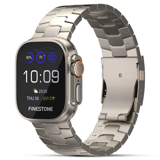 Titanium Apple Watch band with polished hexagonal metal links and deployant-style clasp
