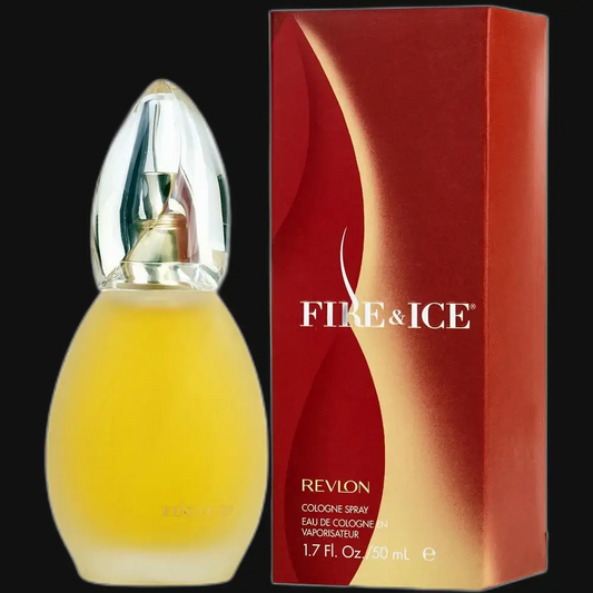 Women’s perfume bottle with gold cap and yellow liquid beside Fire & Ice red box