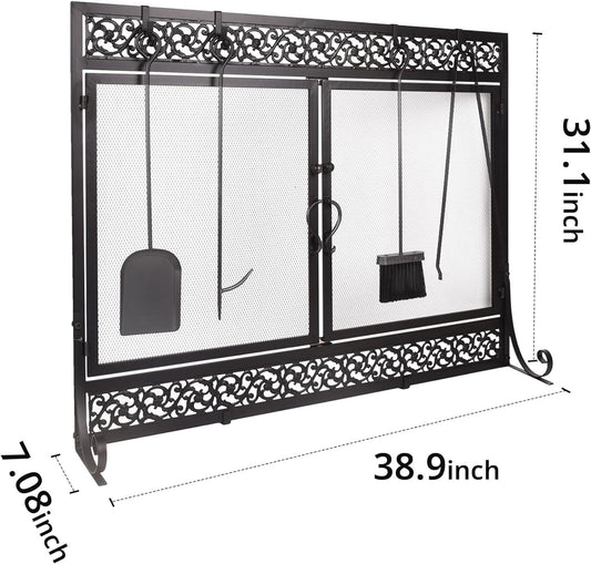 Black metal fireplace spark screen with two mesh doors and hanging side accessories