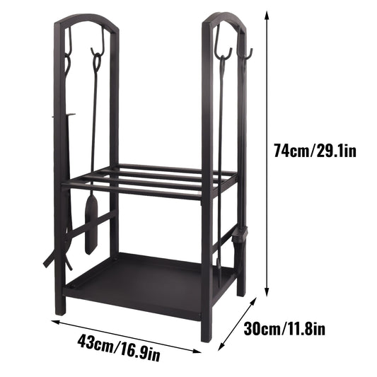 Black log holder rack with two hook arms and open front lower shelf