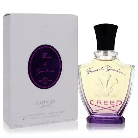 Women’s perfume boxed set with white carton and clear bottle, black cap, purple base