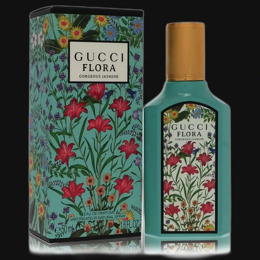 Gucci Flora Jasmine eau de parfum bottle and floral box, teal bottle with gold cylindrical cap