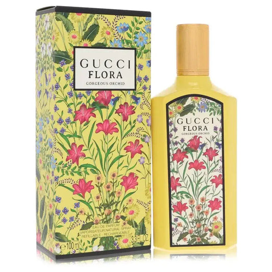 Gucci Flora Gorgeous Orchid Eau de Parfum bottle with matching floral-pattern box.