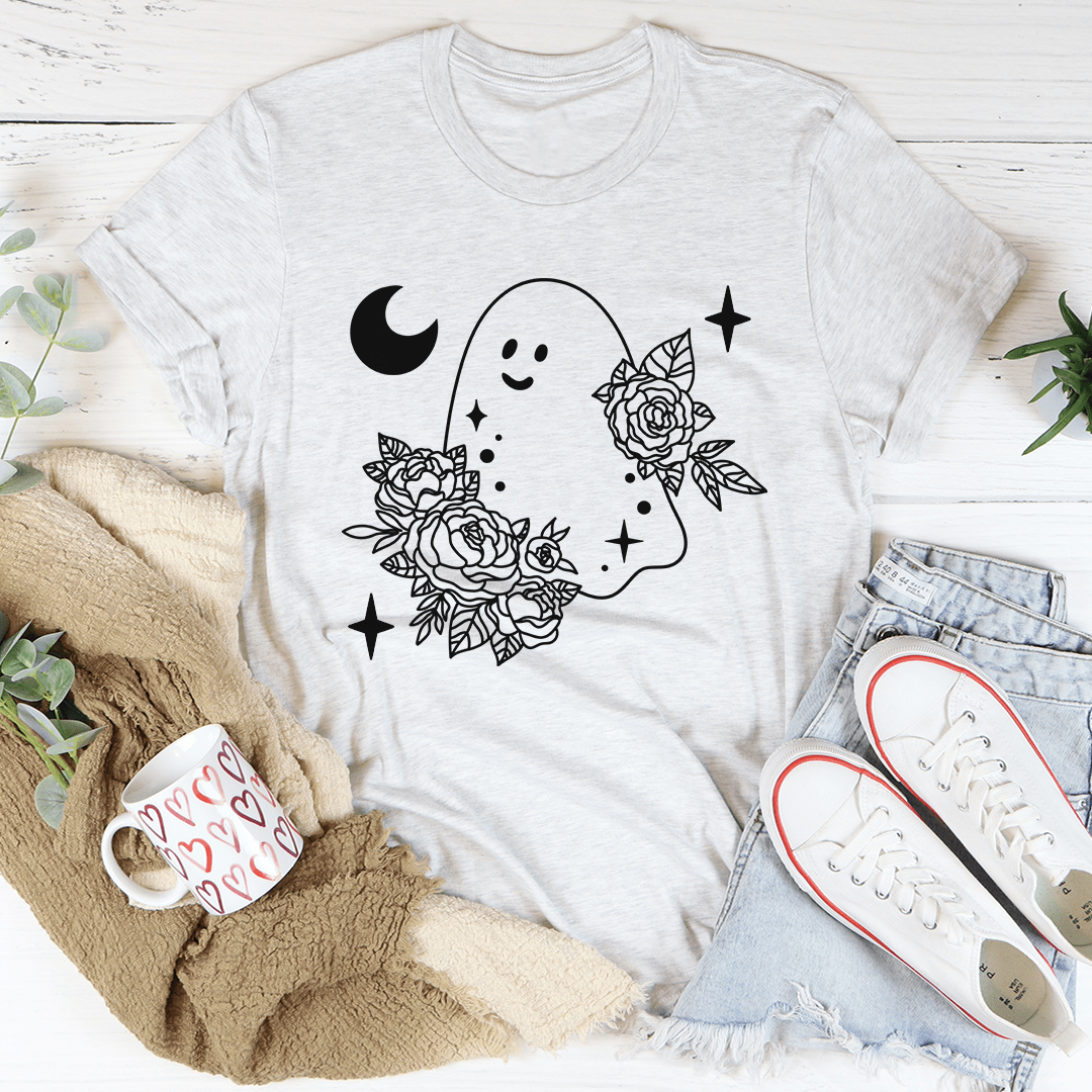 Light gray T-shirt with black floral ghost face graphic and rose bouquet