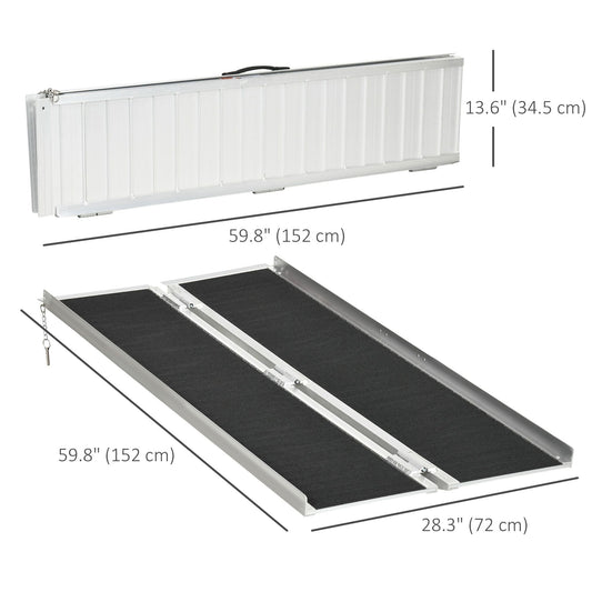 Foldable aluminum wheelchair ramp, black tread and silver frame with length measurements