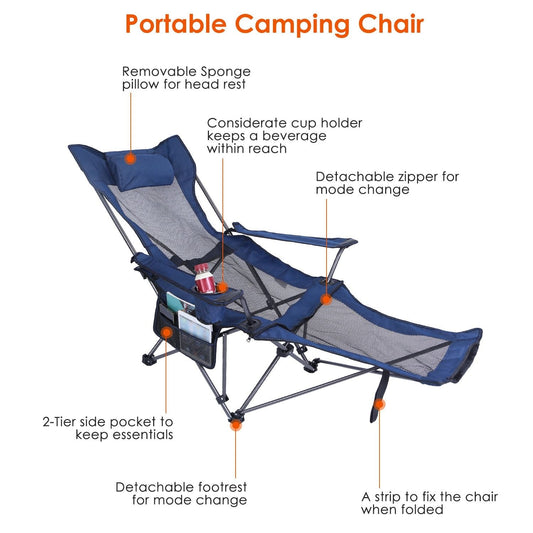 Foldable Camping Chair 330LBS Load Heavy Duty Steel Lawn Chair Collapsible Chair with Reclining Backrest Angle Cup Holder Pillow Side Pocket Carry Bag - Renee Lane Company