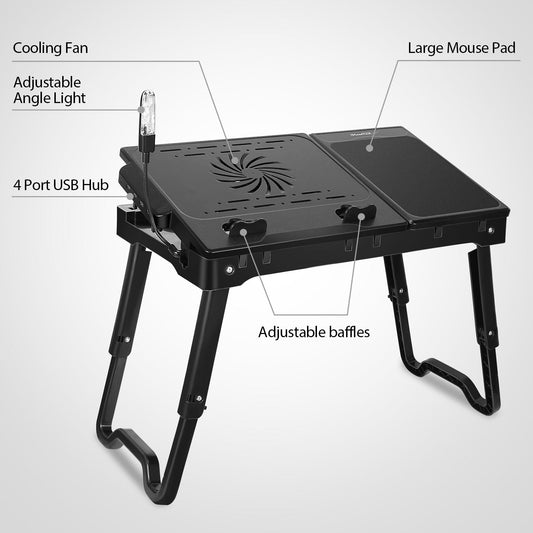 Black foldable laptop bed desk with cooling fan grill, large mouse pad, and 4-port USB hub