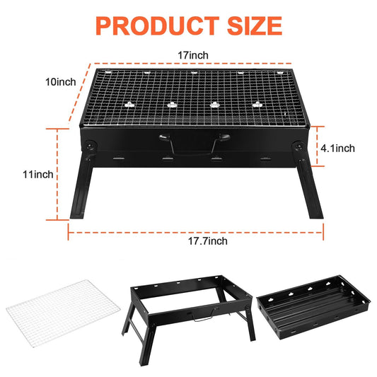 Foldable charcoal grill showing rectangular cooking grate and four legs