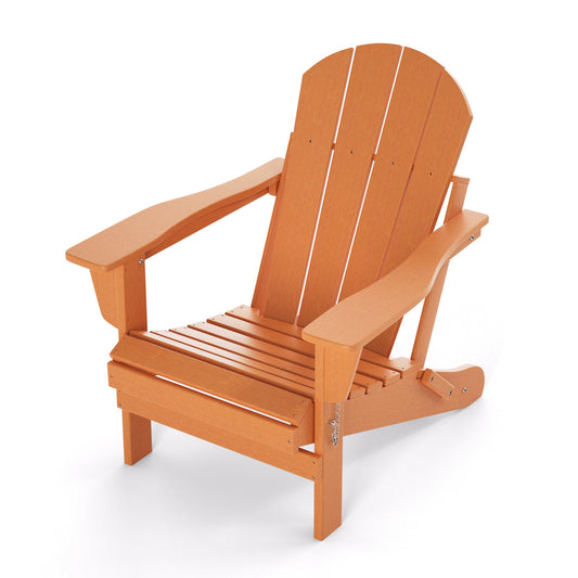 Folding Adirondack-style patio chair side view with slatted back, orange resin finish