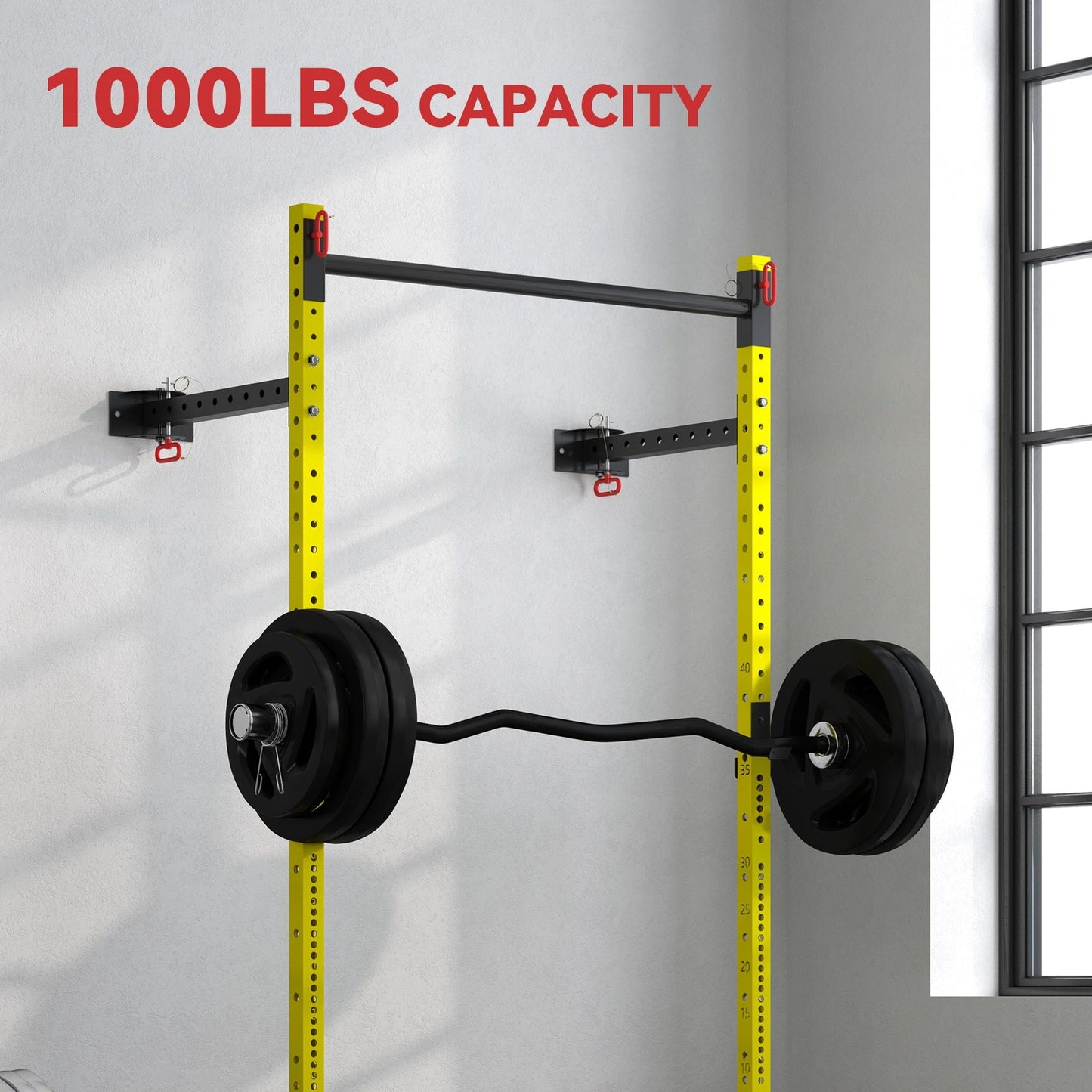 Folding Squat Rack with Pull Up Bar, Wall Mounted and Adjustable, 1000 Pounds Capacity Power Rack, Yellow - Renee Lane Company