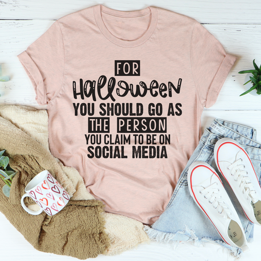 Heather peach T-shirt with bold Halloween slogan text graphic in black