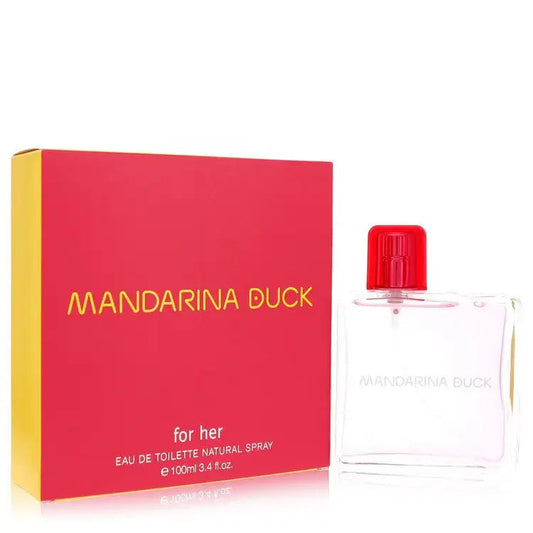 Women’s Eau de Toilette spray: Mandarina Duck red-capped bottle beside pink gift box