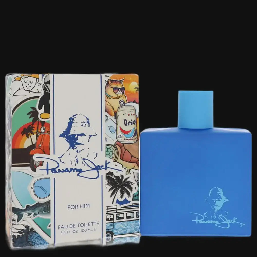 Panama Jack men’s cologne bottle and retail box, blue cap and illustrated blue label