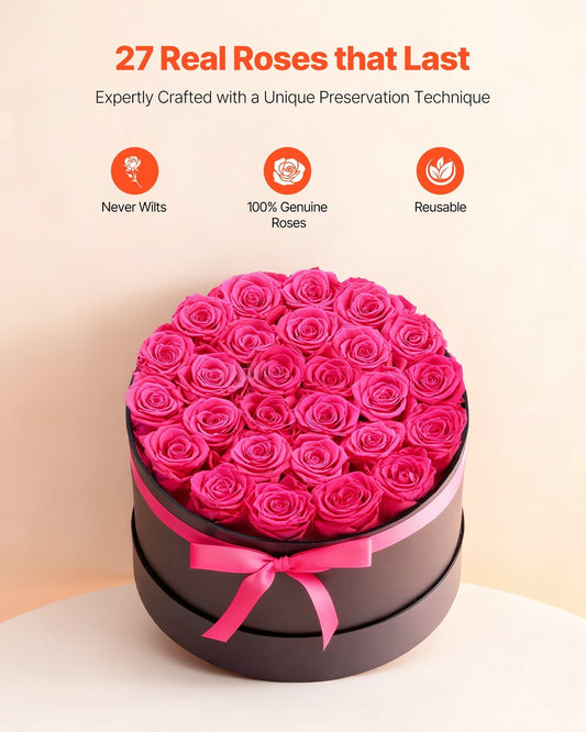Forever Flowers, 27 Preserved Roses in a Box, Eternal Flowers Immortal Bouquet Birthday Present for Delivery Prime Women Her Wife Mothers, Anniversary, Valentine's Day,Christmas, Rose Red - Renee Lane Company
