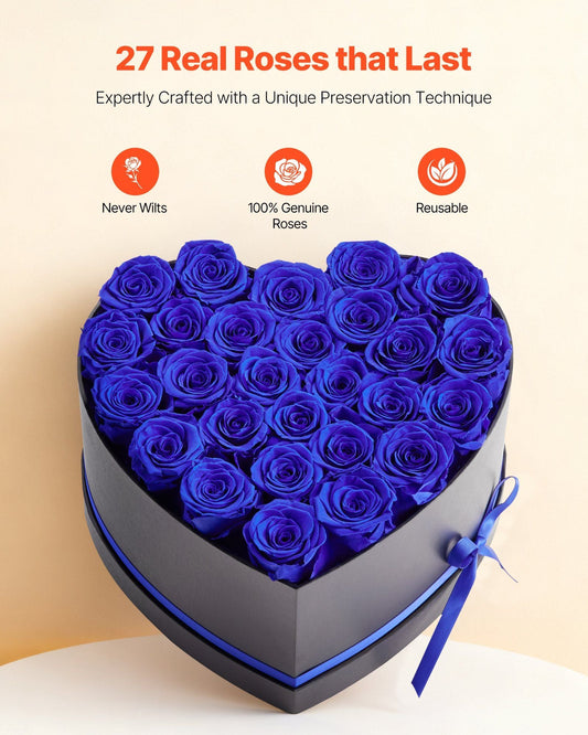 Forever Flowers, 27 Preserved Roses in a Heart Shape Box, Eternal Flowers Immortal Bouquet Birthday Present for Women Her Wife Mothers, Anniversary, Valentine's Day,Christmas, Royal Blue - Renee Lane Company