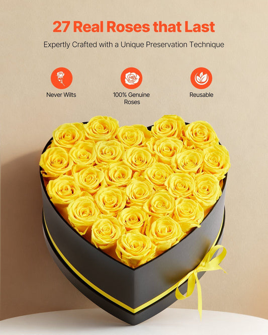 Forever Flowers, 27 Preserved Roses in a Heart Shape Box, Eternal Flowers Immortal Bouquet Birthday Present for Women Her Wife Mothers, Anniversary, Valentine's Day,Christmas, Yellow - Renee Lane Company