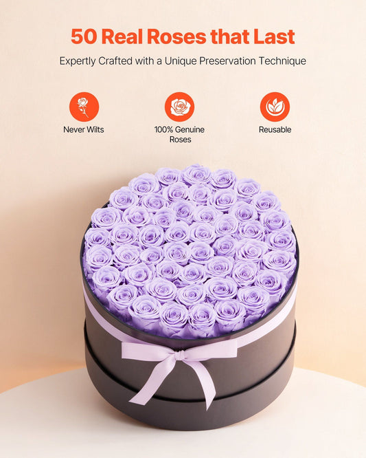 Forever Flowers, 50 Preserved Roses in a Box, Eternal Flowers Immortal Bouquet Birthday Present for Women Her Wife Mothers, Anniversary, Valentine's Day,Christmas, Lavender Purple - Renee Lane Company