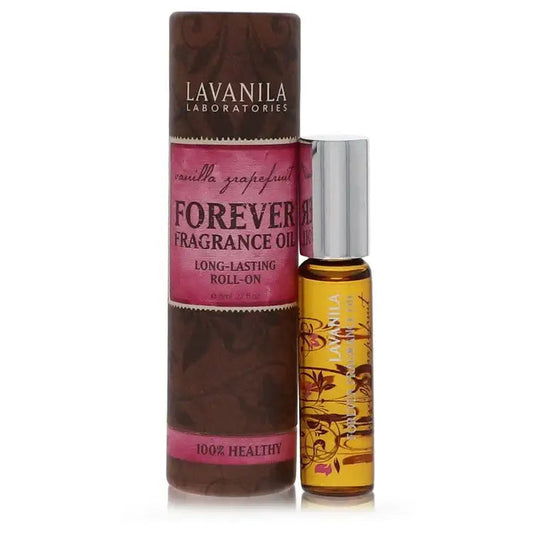 Lavanila Forever Fragrance Oil roll-on with silver cap, beside full-size bottle