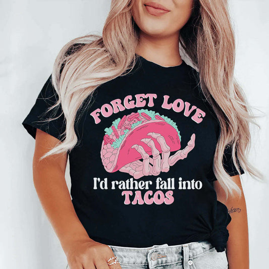 Black crewneck T-shirt with taco graphic and text "I'd rather fall into tacos"