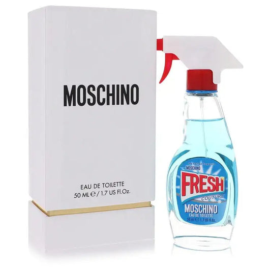 Moschino Fresh perfume spray bottle with blue label and red cap, next to box