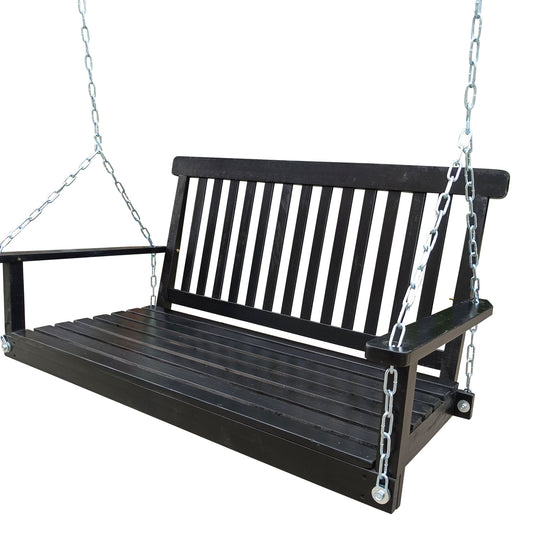 Front Porch Swing with Armrests; Wood Bench Swing with Hanging Chains; for Outdoor Patio ; Garden Yard; porch; backyard; or sunroom; Easy to Assemble; black - Renee Lane Company