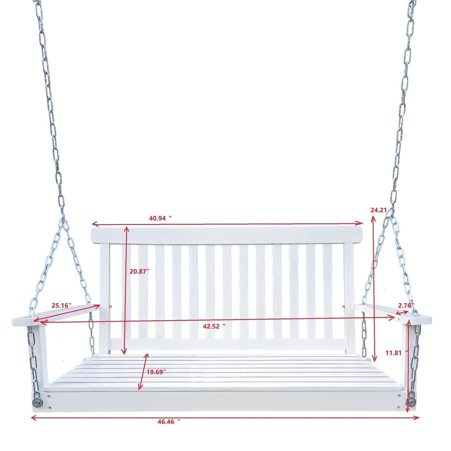 Front Porch Swing with Armrests; Wood Bench Swing with Hanging Chains; for Outdoor Patio ; Garden Yard; porch; backyard; or sunroom; Easy to Assemble; white - Renee Lane Company