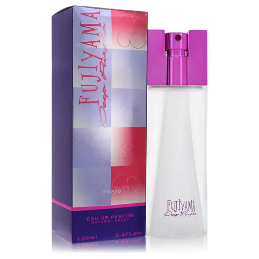 Eau de parfum bottle for women with purple cap and matching box, purple and white.