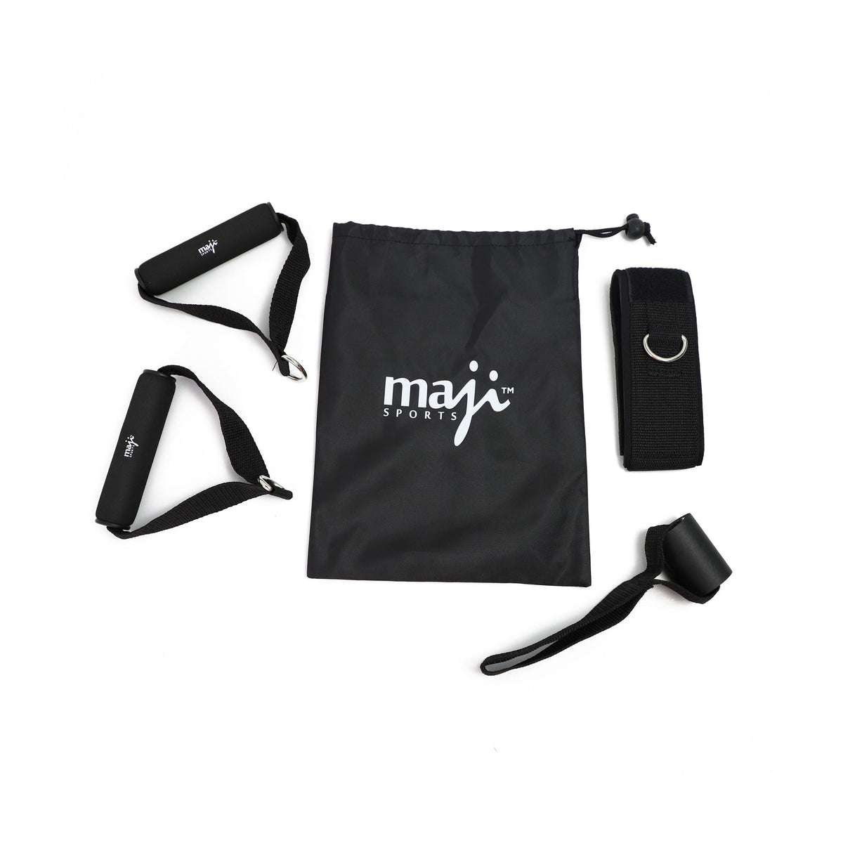 Full-body resistance tube kit with black pouch, tubes, and handle straps