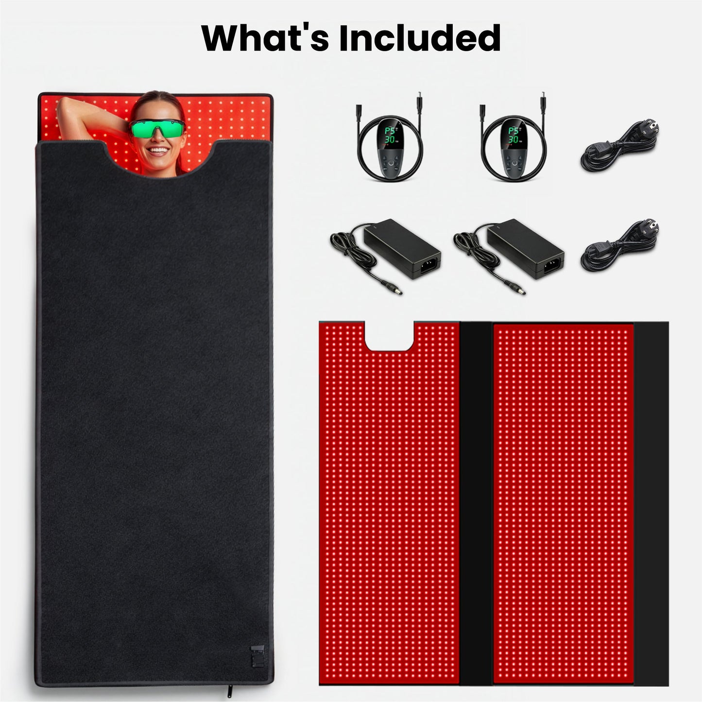 Red LED light therapy mat set with two pads and black power controller cables