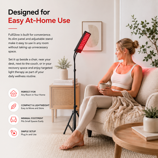 Red light therapy panel on adjustable stand used at home next to seated woman