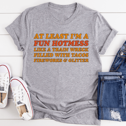 Athletic heather gray crewneck graphic T-shirt with colorful slogan text on front