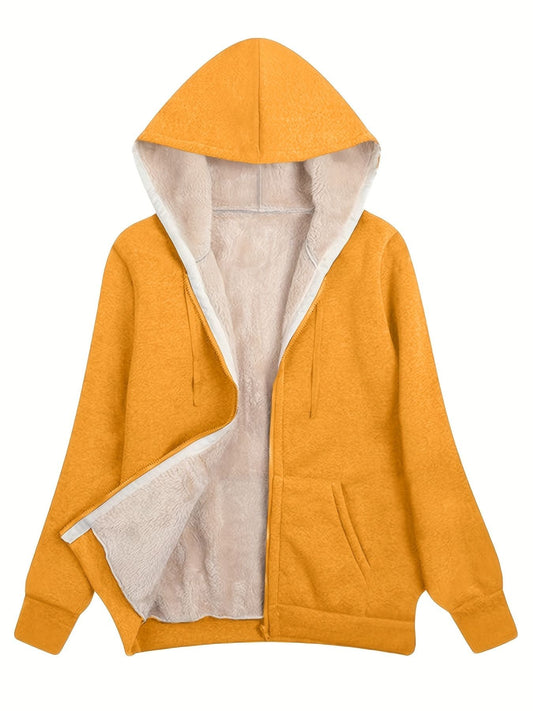 Orange hooded zip-up jacket with sherpa lining, long sleeves, and front pockets.