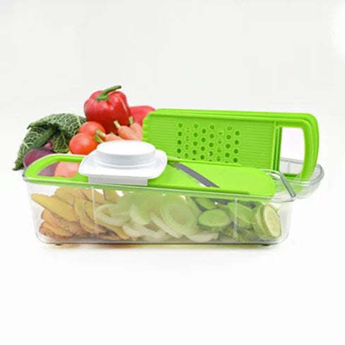 Green 4-in-1 veggie slicer/grater with handle and clear container