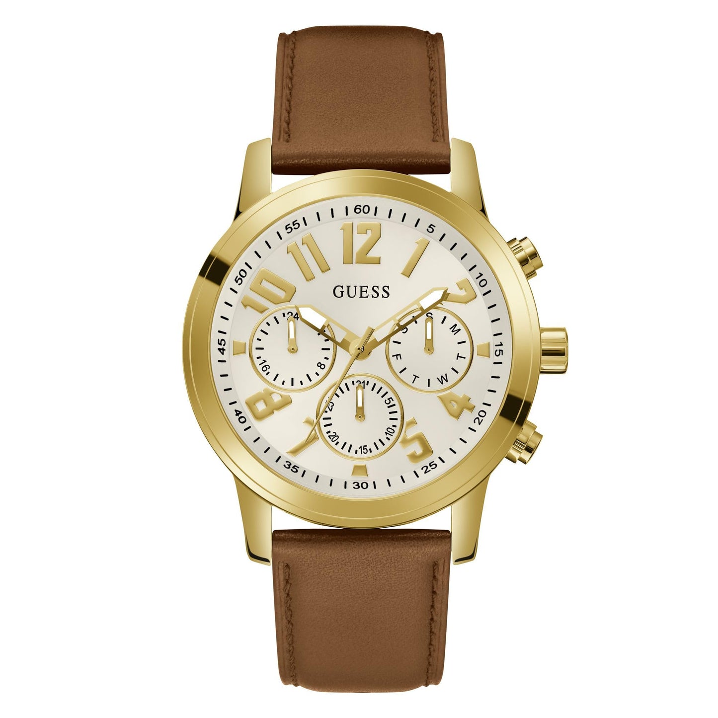 GUESS Mens 44mm Watch - Brown Strap White Dial Gold-Tone Case - Renee Lane Company