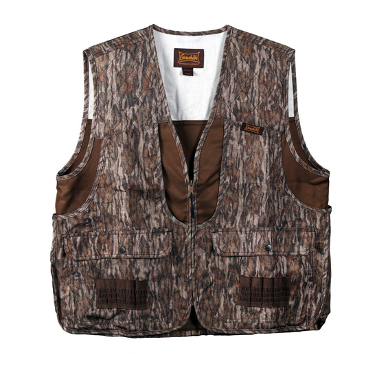 Camo upland hunting vest with front opening, brown/gray pattern, chest pockets