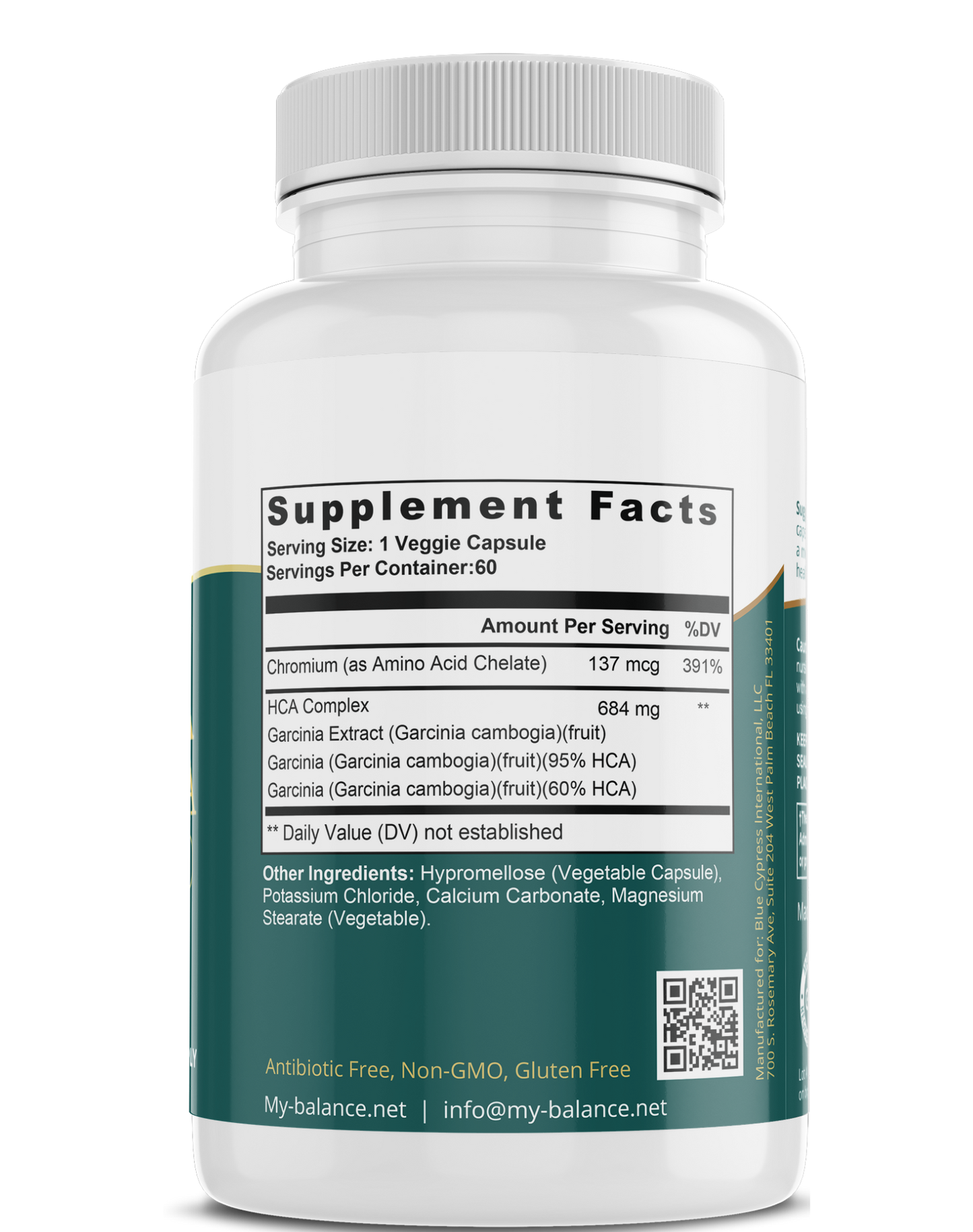 Supplement bottle Supplement Facts label with HCA Complex 684 mg, my balance