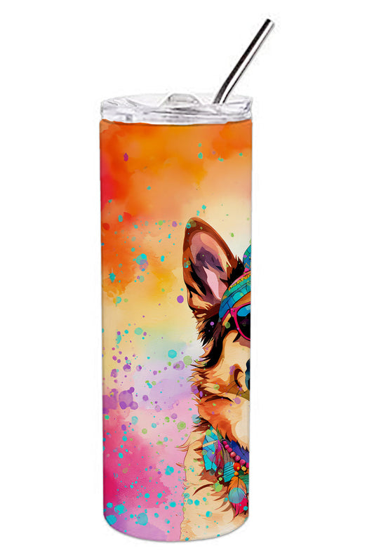 Insulated stainless skinny travel tumbler with German shepherd splash print, with straw