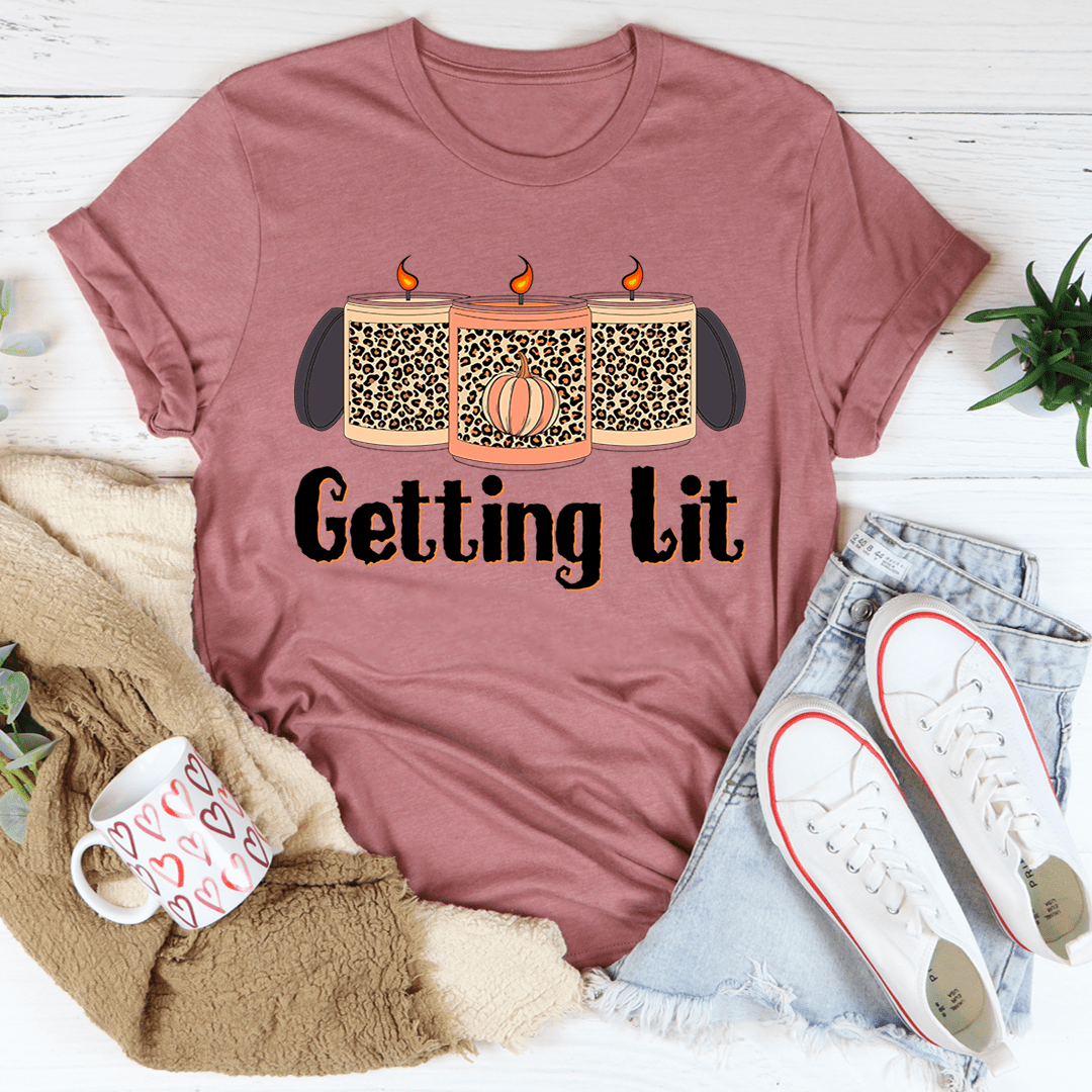 Crewneck t-shirt with candle graphic, dusty mauve, front view